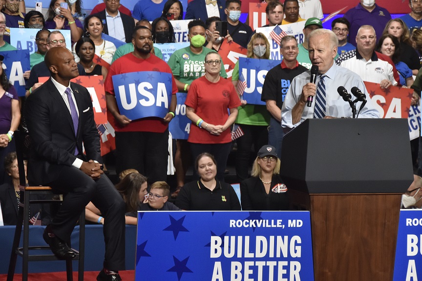 President Joe Biden (right) speaks during a Democratic Party rally at Richard Montgomery High School in Rockville, Maryland, on Aug. 25 as Wes Moore (left), the state's Democratic gubernatorial nominee, looks on. (Robert R. Roberts/The Washington Informer)