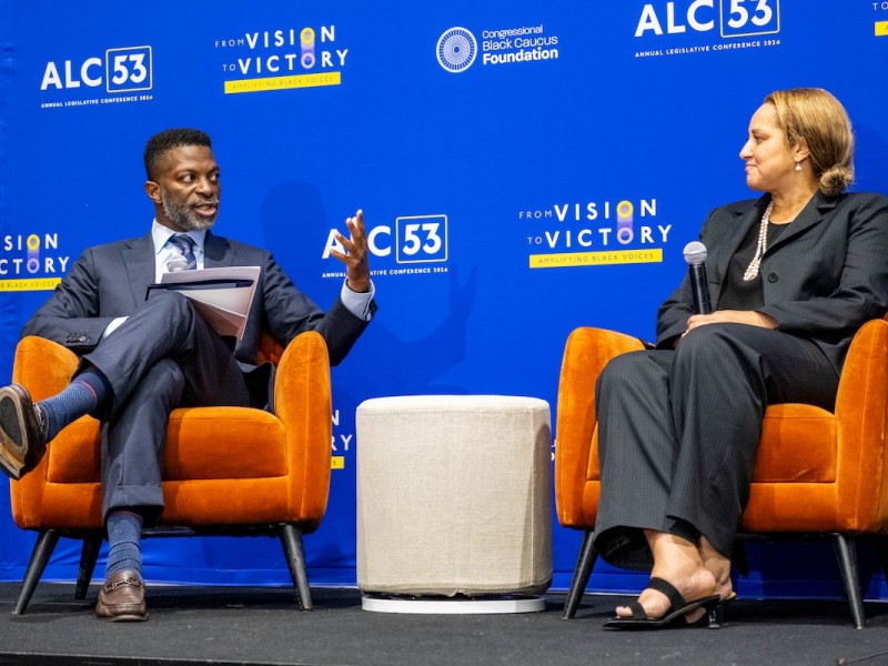 Moderator Anthony Coley dives into the importance of diverse representation in clinical trials with panelist Teshia Harris. (Ja'Mon Jackson/The Washington Informer)