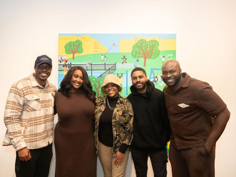 Sunday Bamgo, Uzo Njoku, Deandra Bailey, Keem Hughley and Olubanwo Aruleba pose in front of a vibrant and playful mural on March 9 at Arena Social. (Courtesy of Sunday Bamgbose)