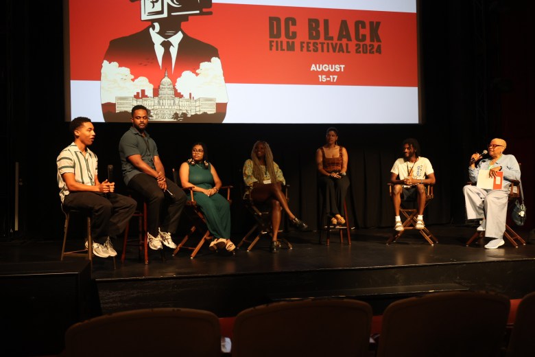 The DC Black Film Festival (DCFFF) held a question and answer session with the filmmakers whose short films were in the “The Future is Bright” track. Panelists were (from left) Elias Stevens (“Like Me”), Ramon Lyons (“Rhythm & Blues”), Alexus Addison (“Petting Zoo”), Fredgy Noël (“Miss Virginia’s Masterclass), Kiara Danae (“Riley’s Hill”), Joshua Afiriyie (“Simmer”) and moderator Brenda C. Siler from The Washington Informer. (Courtesy of DCBFF)