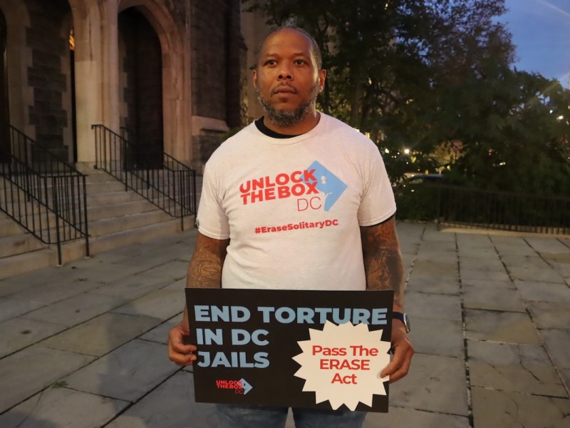 Herbert Robinson, a survivor of solitary confinement and advocate with Unlock the Box, stands in front of Foundry United Methodist Church in Washington, D.C., on Sept. 19.