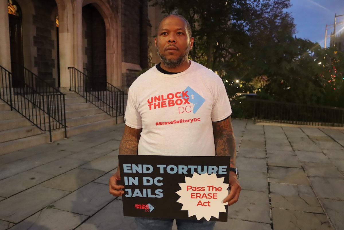 Herbert Robinson, a survivor of solitary confinement and advocate with Unlock the Box, stands in front of Foundry United Methodist Church in Washington, D.C., on Sept. 19.