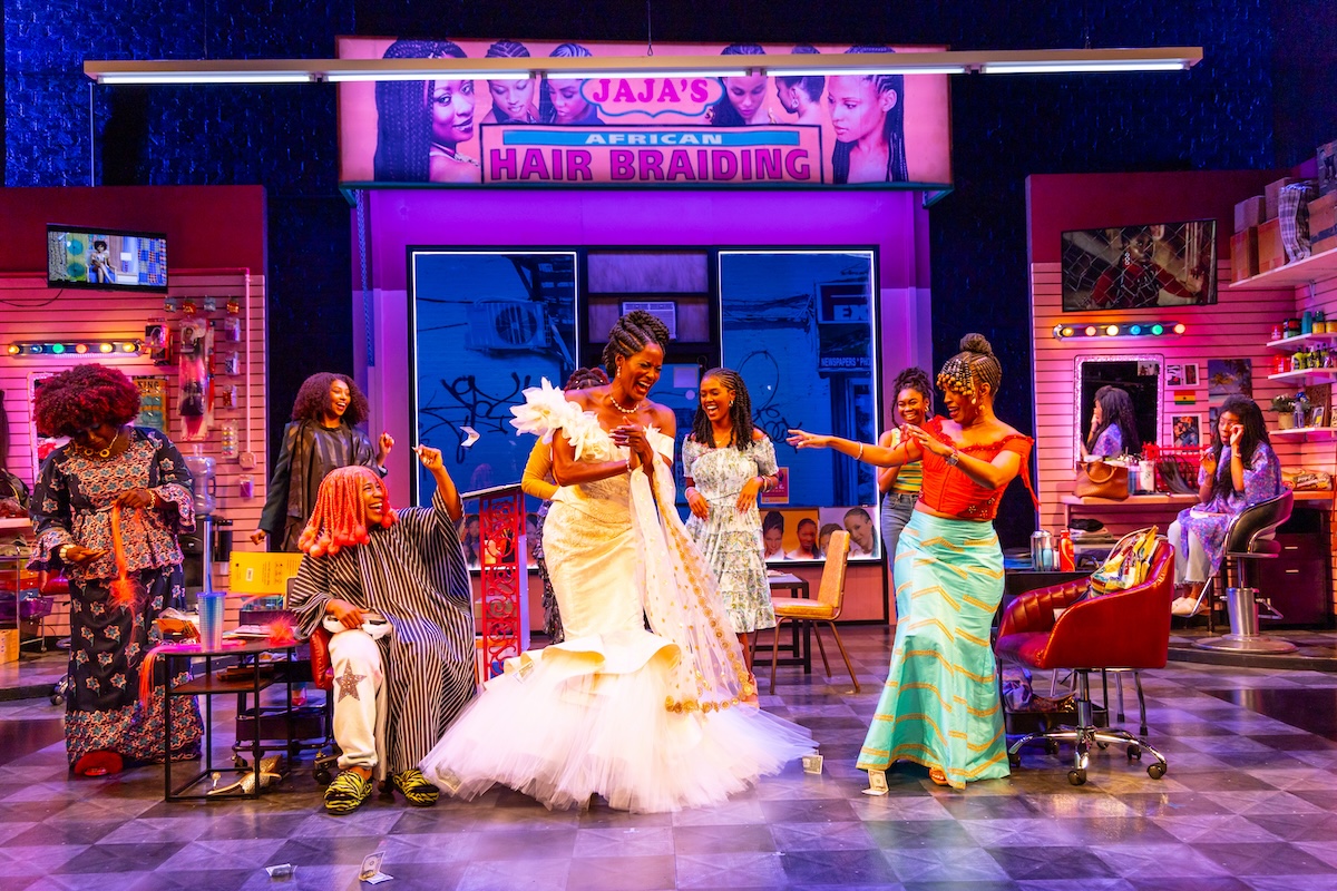 Awa Sal Secka (Bea), Colby N. Muhammad (Vanessa/Sheila/Radia), Melanie Brezill (Michelle/Chrissy/LaNiece), Victoire Charles (Jaja), Bisserat Tseggai (Miriam), Jordan Rice (Marie), Tiffany Renee Johnson (Aminata) and Mia Ellis (Jennifer) star in “Jaja’s African Hair Braiding." (Courtesy of T. Charles Erickson Photography/Arena Stage)