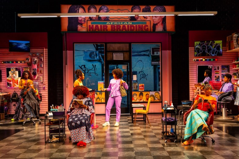 Aisha Sougou (Ndidi), Melanie Brezill (Michelle/Chrissy/LaNiece), Awa Sal Secka (Bea), Jordan Rice (Marie), Colby N. Muhammad (Vanessa/Sheila/Radia), Tiffany Renee Johnson (Aminata), Bisserat Tseggai (Miriam) and Mia Ellis (Jennifer) star in “Jaja’s African Hair Braiding.” (Courtesy of T. Charles Erickson Photography/Arena Stage)