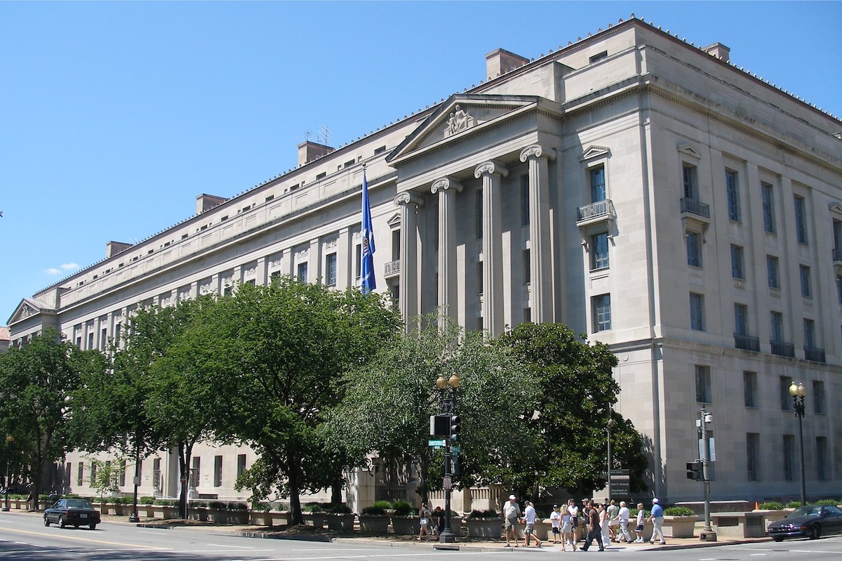 **FILE** U.S. Department of Justice headquarters in Washington, D.C. (Coolcaesar, CC BY-SA 3.0 via Wikimedia Commons)