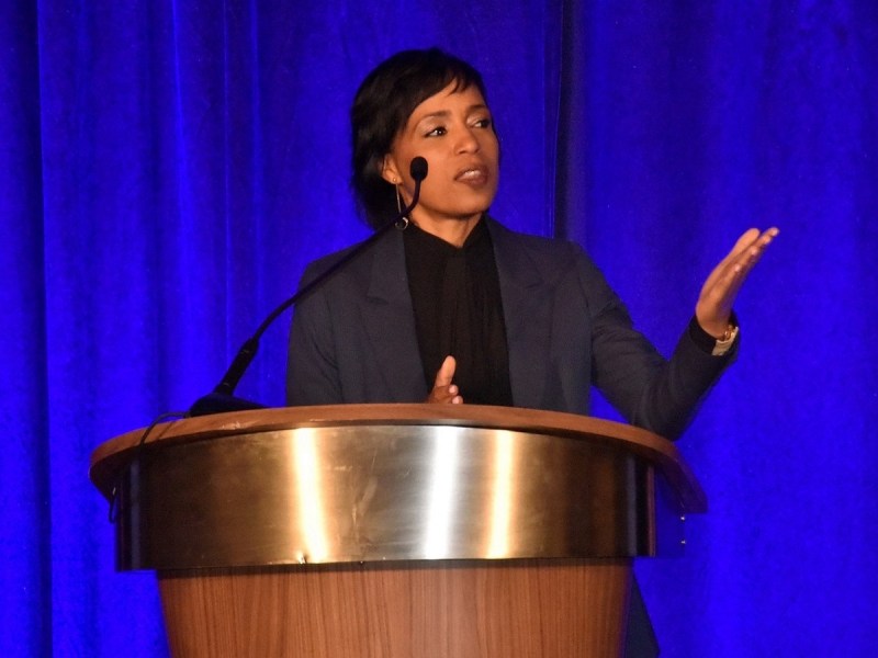 Prince George's County Executive Angela Alsobrooks gives the county’s annual State of the Economy address at MGM National Harbor casino resort on June 7. (Robert R. Roberts/The Washington Informer)