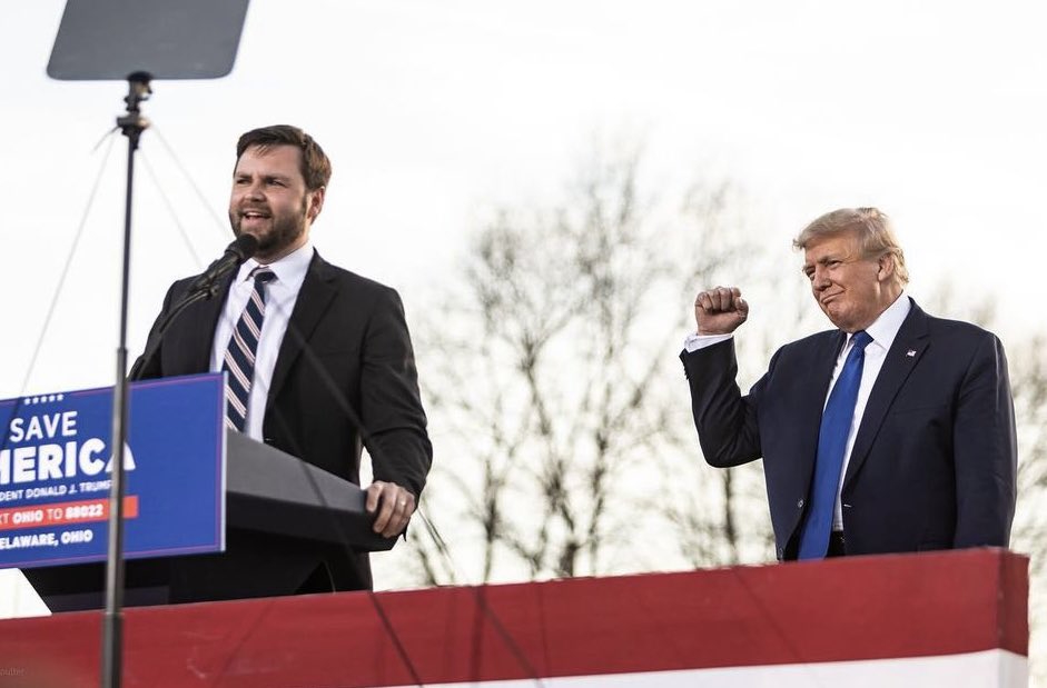 J.D. Vance (left) was selected to join Donald Trump's presidential campaign as his running mate. (Courtesy of @DrSchwertner via X)