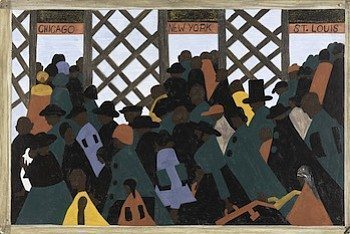 Jacob Lawrence, The Migration Series: During World War I there was a great migration north by southern African-Americans., 1940–41. Casein tempera on hardboard, 12 x 18 in. The Phillips Collection, Washington, DC, Acquired 1942 © The Jacob and Gwendolyn Lawrence Foundation, Seattle / Artists Rights Society (ARS), New York